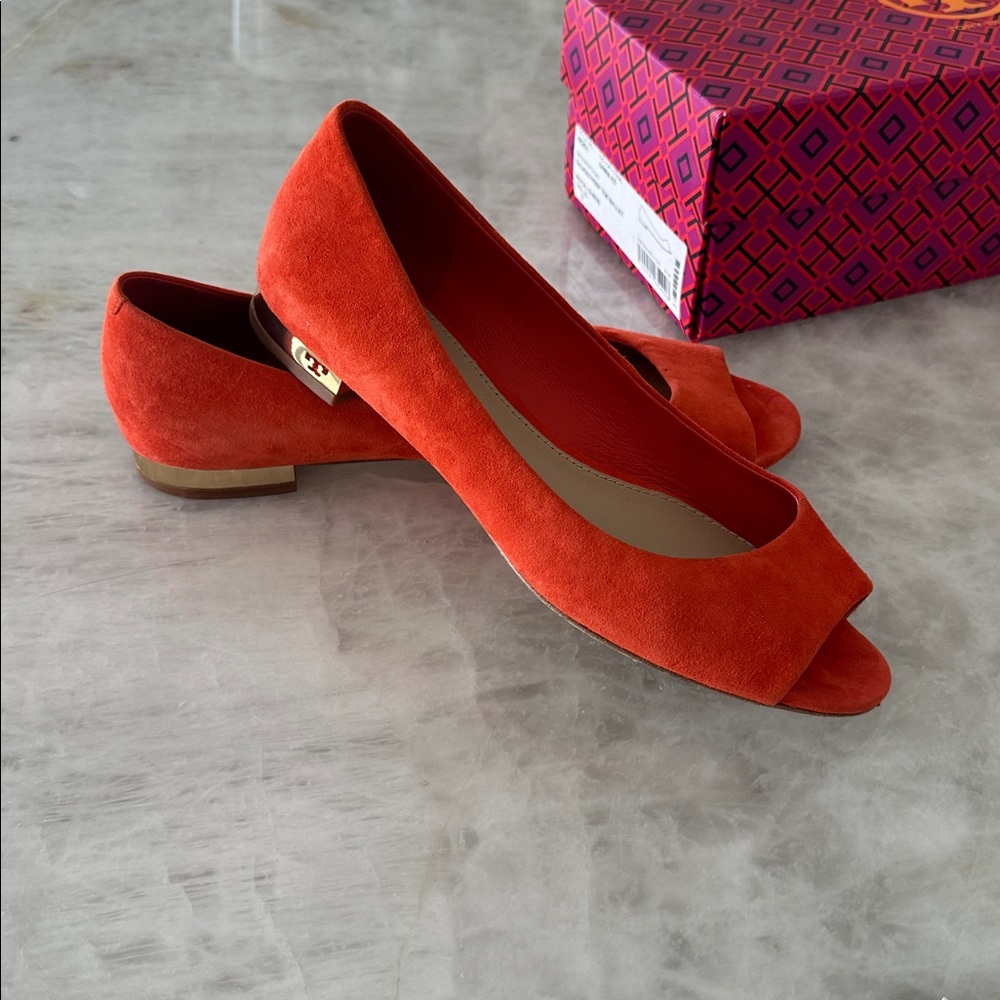 Tory Burch SALINAS Peep toe ballet flat shoes, orange suede 7